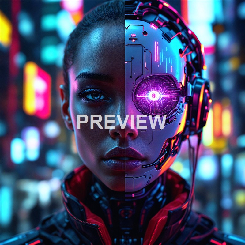 A futuristic female cyborg with half of her face human and the other half robotic, set against a neon-lit cityscape background.